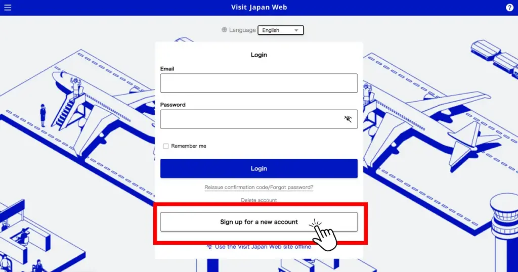 Create a new account on Visit Japan Web