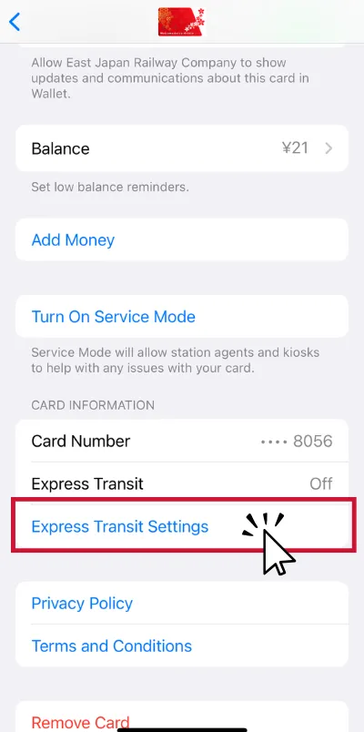 Tap Express Transit Settings