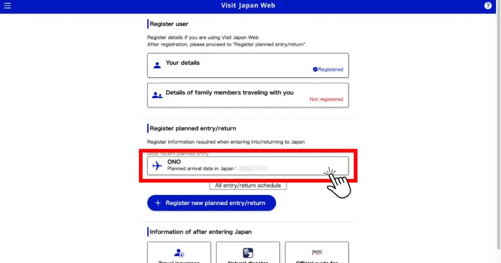 Click on the registered plan from “Register Planned Entry/Return”