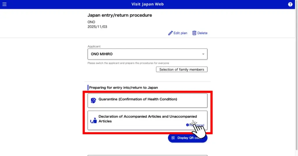 Click each button under “Preparing for entry into/return to Japan” and answer the questions