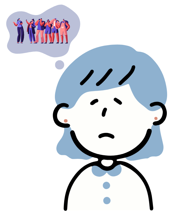 Illustration of a worried woman imagining a crowd of people in a thought bubble