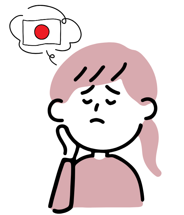 Illustration of a frowning woman with a Japanese flag in her thought bubble
