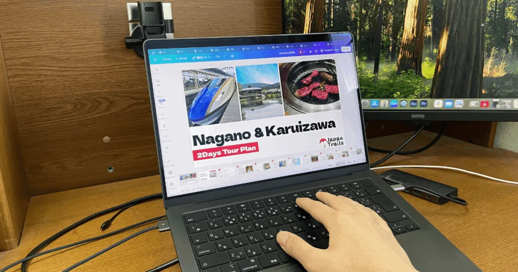 A laptop on a desk showing a slide titled Nagano and Karuizawa 2 Days Tour Plan