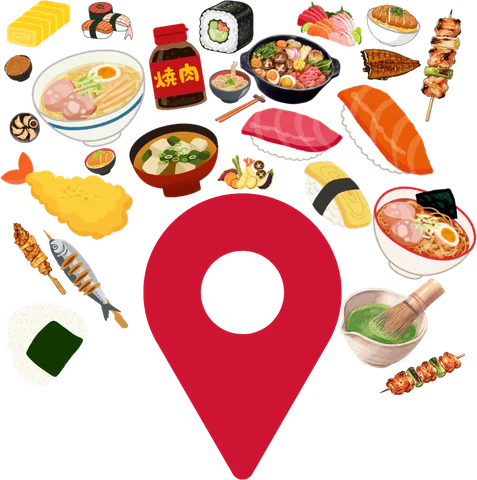 A red map pin surrounded by Japanese dishes
